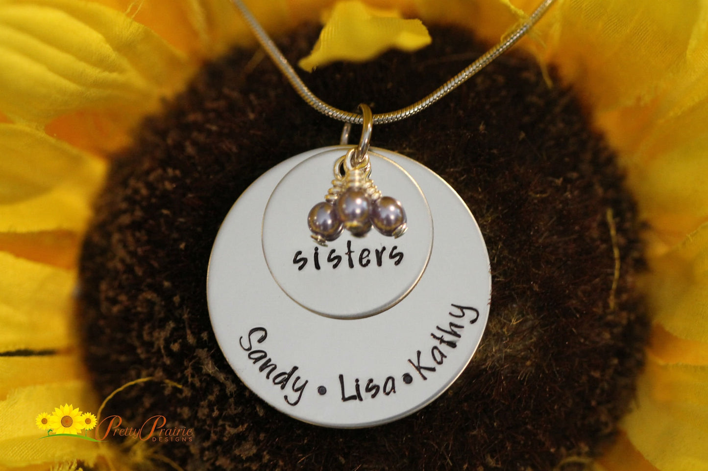 Three Sisters Stack Disc Necklace, Gift for Sisters, Personalized, Hand Stamped, Stainless, Pearl Jewelry, Sorority Sisters Necklace