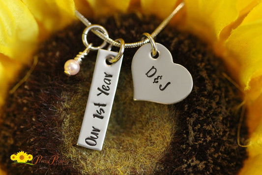 Silver Anniversary Heart and Bar Necklace, Initials, Hand Stamped Gift, Pearl Jewelry, Wife Gift, Girlfriend Gift, Heart Necklace