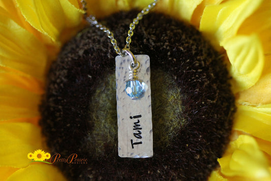 Vertical Hammered Bar Necklace, Personalized, Name Jewelry, Hand Stamped, Large Birthstone, Bead, Daughter Birthday, Tween or Teen Present