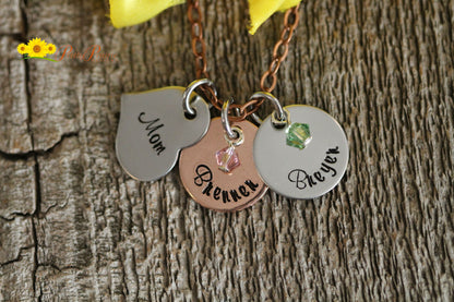 Mixed Metal Mother's Necklace, Personalized Jewelry, New Mom Gift, Mother's Day, Multiple Name Discs, Heart Jewelry, Birthstone Necklace