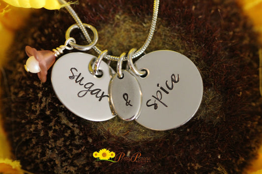 Sugar and Spice Necklace, Mom of Daughters Gift, Hand Stamped, Gift for Daughter, Flower Charm, Teen Birthday, Girlfriend Gift, Stainless