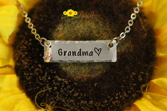 Grandma Horizontal Bar Necklace, Birthstone Crystals, Hand Stamped, New Grandma Gift, New Baby Coming, Baby Reveal Gift, Grandma Birthday