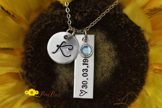 Initial and Date Necklace, Personalized, Hand Stamped Jewelry, New Mom Gift, Wedding, Engagement, Promise Necklace, Memorial Necklace