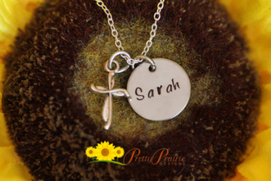Personalized Small Cross Necklace, Hand Stamped Name, Baptism, Crucifix Charm, Religious Jewelry, Christmas or Easter, First Communion