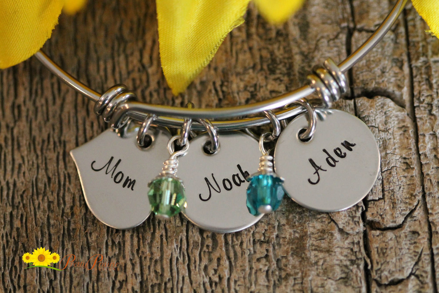 Mother's Day Bangle, Personalized, Large Birthstones, Hand Stamped, Stainless Steel, Name Bracelet, Mothers Jewelry, Kid's Names, Christmas