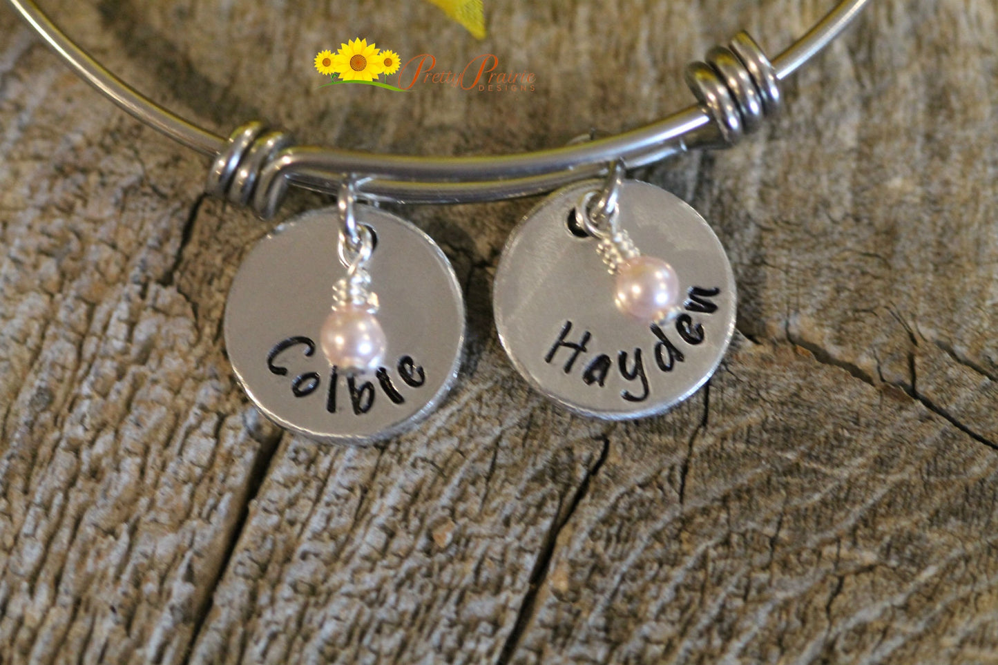 Mother's Pearl Charm Bangle, Children's Name, Hand Stamped, Grandmother Bracelet, New Mom Gift, Mother of Twins Present, Gotcha Gift