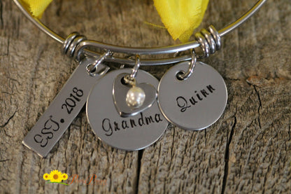 New Baby Bangle, Baby Name Bracelet, Mother or Grandma Gift, Personaloized, Hand Stamped Jewelry, Custom Bangle, Adoption or Gotcha Gift