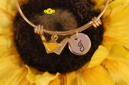 Gold Crane Initial Bangle, Luck Jewelry, Expandable, Hand Stamped, Gift for a Graduate, Best Friend Present, Sorority Sister Bracelet