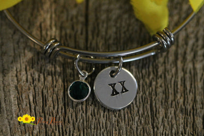 Roman Numeral Anniversary Bangle, Hand Stamped, Crystal Birthstone, Reunion, Girlfriend or Wife Gift, Best Friend Gift, Birthday Jewelry