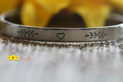 Peace and Love Cuff Bracelet, Stamped Cuff Bracelet, Valentine Gift, Hand Stamped, Heart Bracelet, Aluminum, Gift for Daughter, Love Jewelry