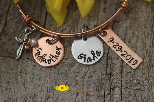 Rose Gold Godmother Bangle, Braided Bangle, Mixed Metal, Cross Charm, Hand Stamped, Baptism Present, Religious Jewelry, Godmother Gift,