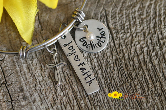 Joy and Faith Godmother Bangle, Cross Bracelet, Hand Stamped, Godmother Gift, Communion, Baptism Present, Religious Bracelet, Christian Gift