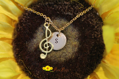 Personalized Gold Music Necklace, Music Lover Jewelry, Hand Stamped Initial, Singer or Musician Gift, Music Note Charm, Treble Clef Charm