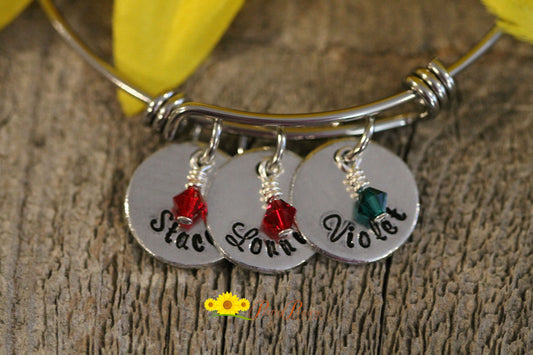 Personalized Aluminum Disc Bangle, Gift for Mom, Grandmother, Teen, Engagement, Adjustable Charm Bracelet, Birthstones, Family Bangle