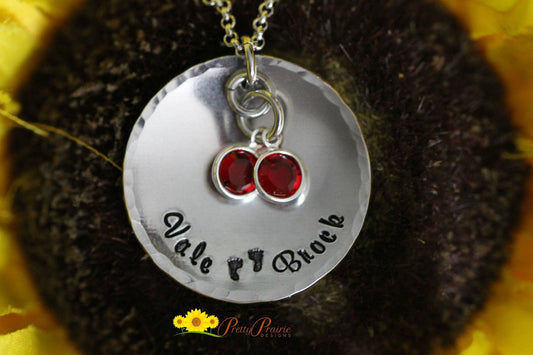 Domed Twins Necklace, Hand Stamped, Personalized, New Mom Gift, Hammered Edging, Birthstones, Mom or Grandma Jewelry, Baby Shower Gift
