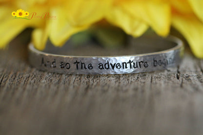 And So The Adventure Begins Cuff, Hammered Bracelet, Hand Stamped Jewelry, New Mom Jewlery, College Graduate, Daughter Gift, Traveler Gift