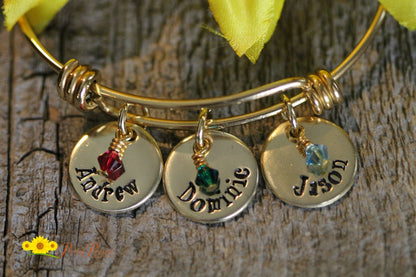 Gold Personalized Bangle, Mother's Brass Charm Bracelet, Expandable, Hand Stamped, Gift for a New Mom, Grandmother Gift, Birthstone Bracelet