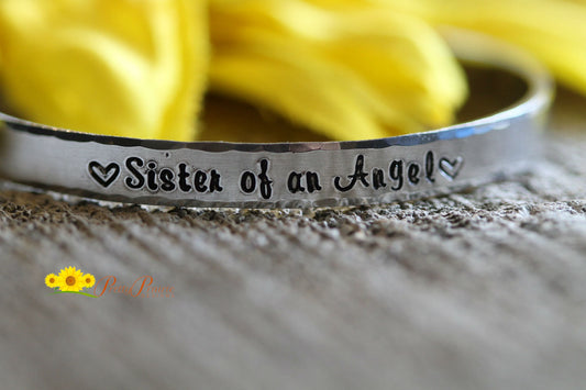 Sister of an Angel Cuff, Remembrance Jewelry, Angel Wing Charms, Grief Bracelet, Hand Stamped Jewelry, Sister Bracelet, Mother Bracelet