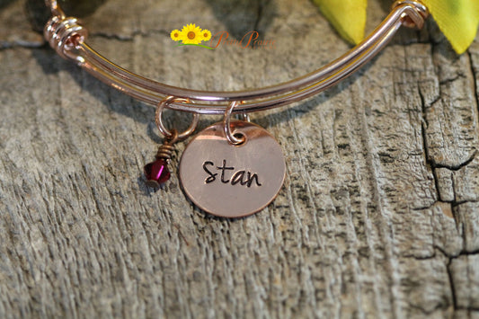 Rose Gold Personalized Bangle, Birthstones, Braided Band, Hand Stamped, Gift for a New Mom, Grandmother, Girlfriend Gift, Rose Gold Bracelet