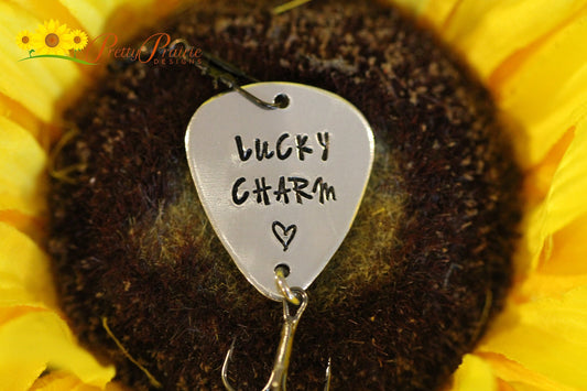 Lucky Charm Fishing Lure, Unique Fishing Gift, Hand Stamped Fish Hook, Angler Gift, Metal Lure, Fishing Keychain, Gift for Fisherman
