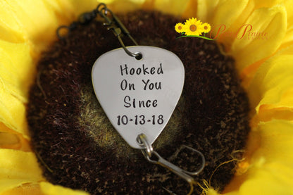 Hooked On You Since Fishing Lure, Custom Made Lure, Fishing Gifts, Anniversary or Valentine Gift, Hand Stamped Fishing Hook, Dated Lure