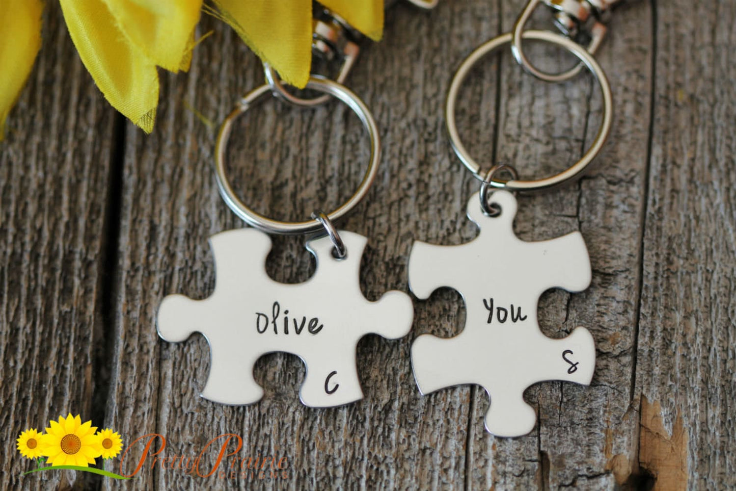 Olive You Puzzle Piece Keychain Set, Personalized, Hand Stamped, Couples Gift, BFF Gift, Anniversary, His and Her Gift, Valentine Gift