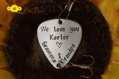 We Love You Fishing Lure, Custom Fish Hook, Personalized Lure, Gift from Grandparents, Birthday, Sports Gift, Fisherman, Hand Stamped Lure