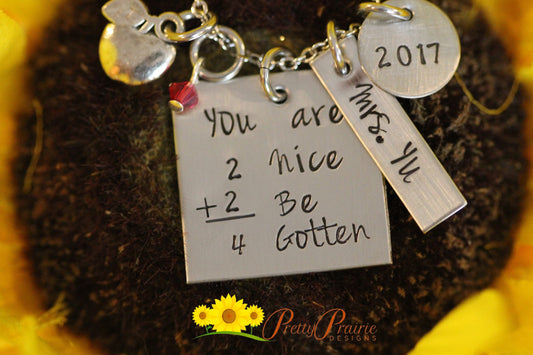 Too Nice to Be Forgotten Teacher Necklace, Hand Stamped, Student Teacher, Teacher Appreciation, End of Year, Retiring Teacher, Personalized