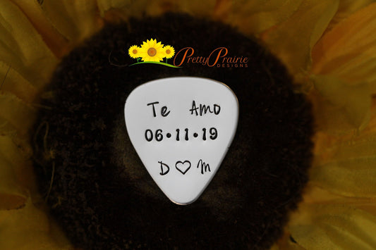Te Amo Guitar Pick, Personalized Guitarist Gift, Hand Stamped Metal Pick, Gift for Spouse, I Love You Pick, Initial Pick, Music Token