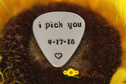 I Pick You Guitar Pick, Personalized Musician Gift, Hand Stamped, Guitar Player Present, Guitar Lover Gift, Metal Guitar Pick, Musical Token