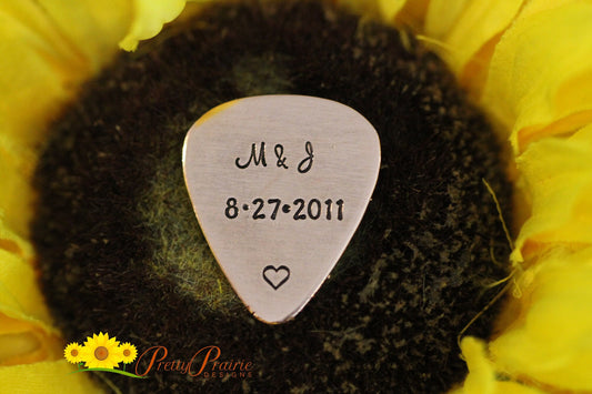 Initial and Date Guitar Pick, Anniversary Gift, Hand Stamped Pick, Engraved Guitar Pick, Retirement Gift, Personalized Pick, Metal Pick