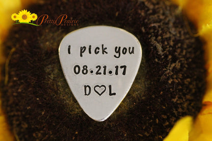 I Pick You Personalized Guitar Pick, Hand Stamped Pick, Birthday Gift for Guitarist, Engagement Present, Special Date Pick, Metal Pick