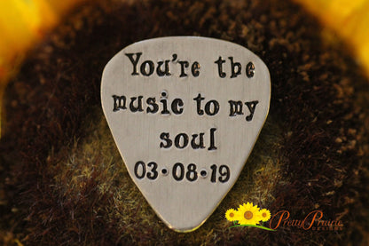 Music to My Soul Pick, Music Accessory, Date Pick, Musician Gift, Singer Present, Anniversary Gift, Hand Stamped Metal Pick, Musical Token