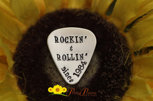 Rockin' and Rollin' Guitar Pick, Band Gift, Hand Stamped Metal Present, Guitarist Gift, Rockin' Dad, Rock & Roll Present, Music Lover Gift