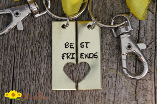 Best Friends Keychain Set, Hand Stamped, Personalized, Puzzle Keyrings, Half Heart Tag Keychains, BFFs Forever, Birthday Gift for Friend