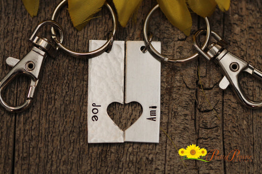 Personalized Heart Tag Keychain Set, Hand Stamped, Puzzle Keychains, Valentine Gift, Engagement, Anniversary, Boyfriend Gift, Couples Gift