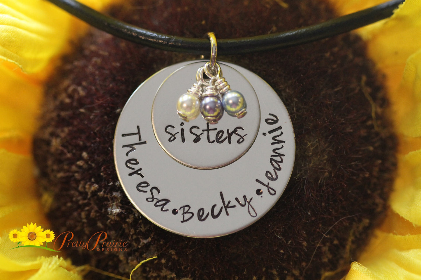 Three Sisters Stack Disc Necklace, Gift for Sisters, Personalized, Hand Stamped, Stainless, Pearl Jewelry, Sorority Sisters Necklace