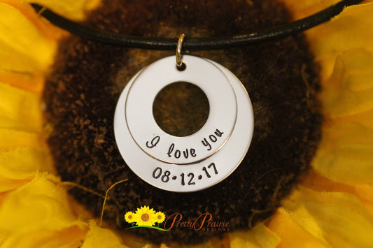 I Love You Stacked Washer Necklace, Valentine Gift, Anniversary Necklace, Hand Stamped, Engagement Gift for Fiancé, Special Date Necklace