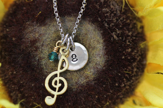Personalized Gold Music Necklace, Music Lover Jewelry, Hand Stamped Initial, Singer or Musician Gift, Music Note Charm, Treble Clef Charm