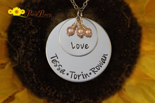 Love My Kids Stack Disc Necklace, Mother's Day Gift, Personalized, Hand Stamped, Stainless, Pearl, Gift for Mom or Grandma, Name Jewelry