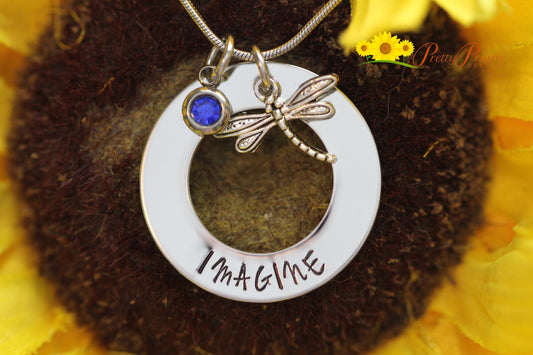 Imagine Dragonfly Necklace, Washer Necklace, Graduation Gift, Hand Stamped, Dragonfly Jewelry, Artist Gift, Meaning of Life, Transformation