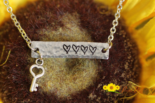 Key to My Heart Hammered Bar Necklace, Key Charm, Hand Stamped, Mother's Day, Valentine, Grandma Gift, Girlfriend, Aluminum, Copper, Brass