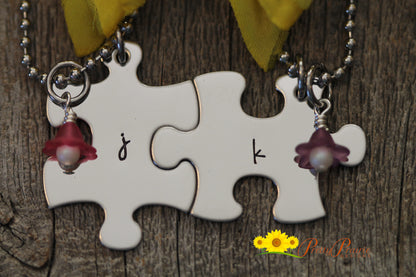 Lower-Case Stainless Initial Puzzle Piece Necklace, Personalized, Flower Charm, Hand Stamped, Sorority Sisters, Sister Gift, Best Friend Birthday