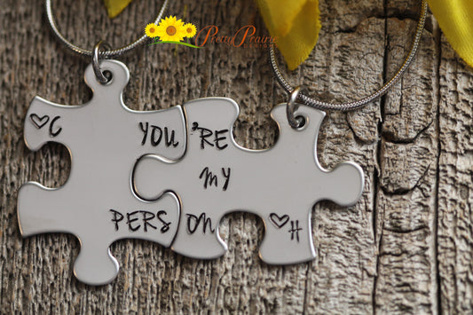 You're My Person Puzzle Piece Necklace, Hand Stamped, Personalized, BFF Puzzle Piece Necklaces, Sisters, Partner, Best Friends Necklace Set