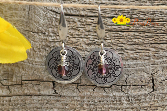 Silver Floral Birthstone Dangle Earrings, Hand Stamped Metal Jewelry, Gift for Birthday, Teen or Wife Gift, Floral Earrings, Wedding Jewelry