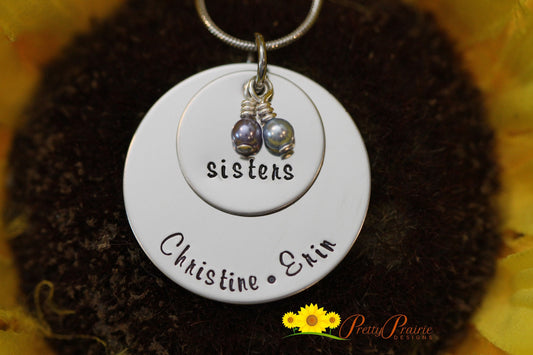 Sisters Necklace, Big Sister Little Sister Jewelry, Hand Stamped Name Necklace, Personalized, Pearl Jewelry, Stacked Disc, Gift for Sisters
