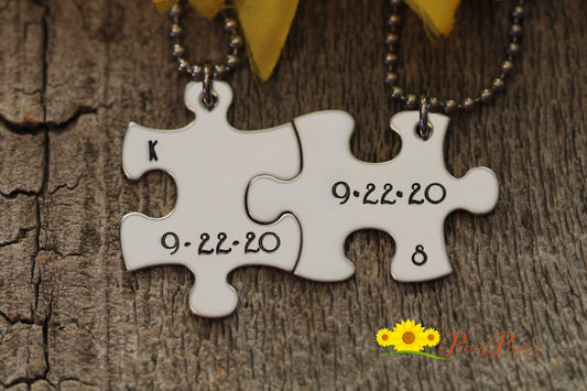 Stainless Date and Initial Puzzle Piece Necklace Set, Puzzle Jewelry, Memorial Necklaces, Anniversary, Engagement Gift, Wedding Gift, Wedding Party