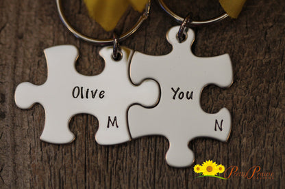 Olive You Puzzle Piece Keychain Set, Personalized, Hand Stamped, Couples Gift, BFF Gift, Anniversary, His and Her Gift, Valentine Gift