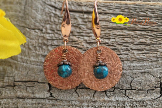 Southwestern Dangle Earrings, Copper and Turquoise Earrings, Hand Stamped, Gemstone Bead, Metal Jewelry, Gift for Mother's Day, Disc Jewelry
