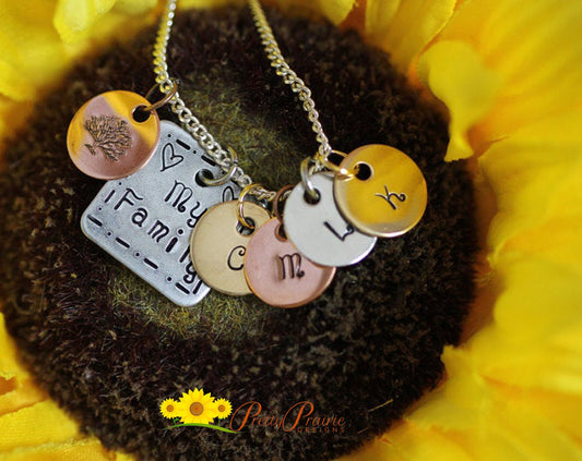My Family Tree Necklace, Personalized, Mixed Metal Discs, Mom or Grandmother Gift, Hand Stamped, Initials, Multi Disc Jewelry, Mother's Day